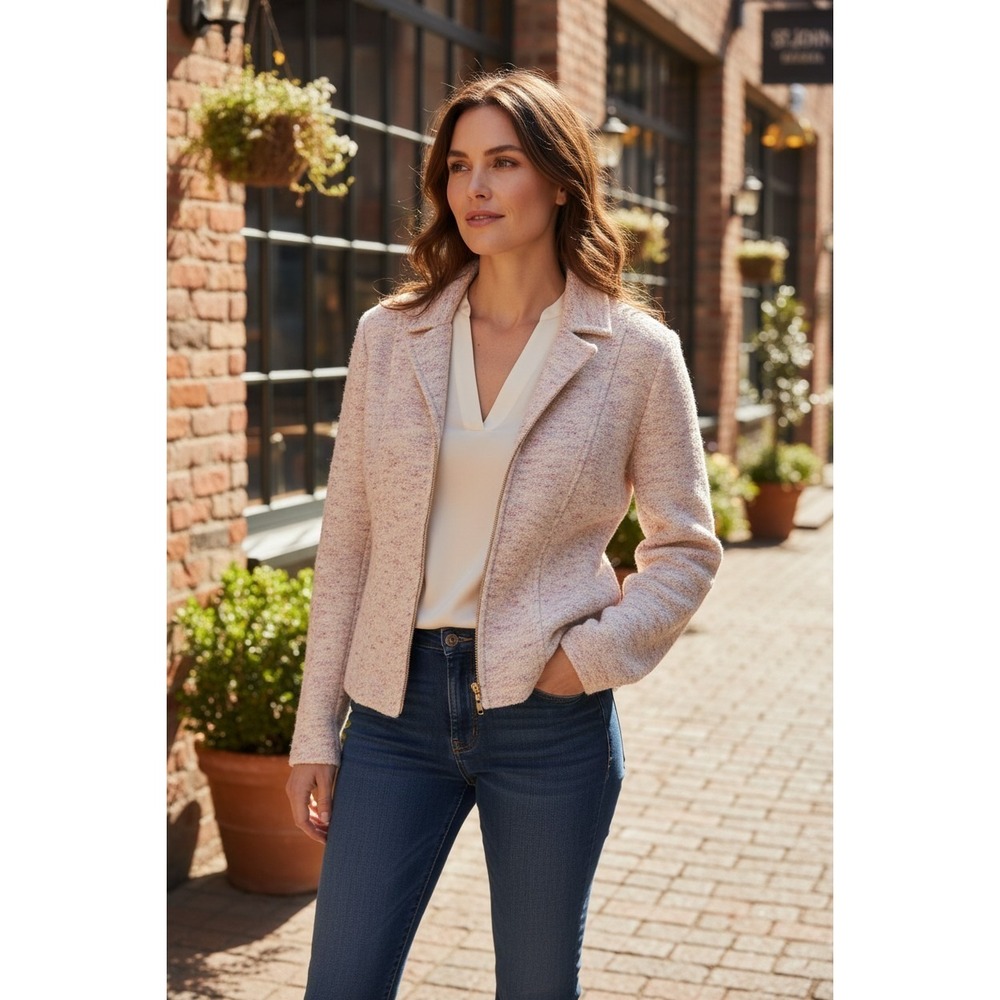 St. John Collection Women Cream Pink Knit Tweed Zip Front‎ Blazer Size 6 AM01
